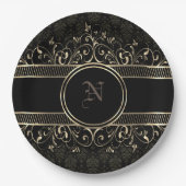 ブラック&金ゴールド華美ゴシックモノグラムの ペーパープレート (正面)