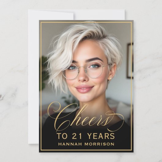 ブラック&金ゴールド誕生日応援から21年写真 招待状 (正面)