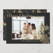 ブラック&金ゴールド雪だるまメリークリスマス写真 シーズンカード (正面/裏面)