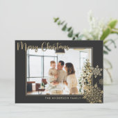 ブラック&金ゴールド雪だるまメリークリスマス写真 シーズンカード (スタンド正面)