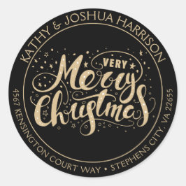 ブラック&金ゴールド非常に陽気なクリスマス差出人住所 ラウンドシール