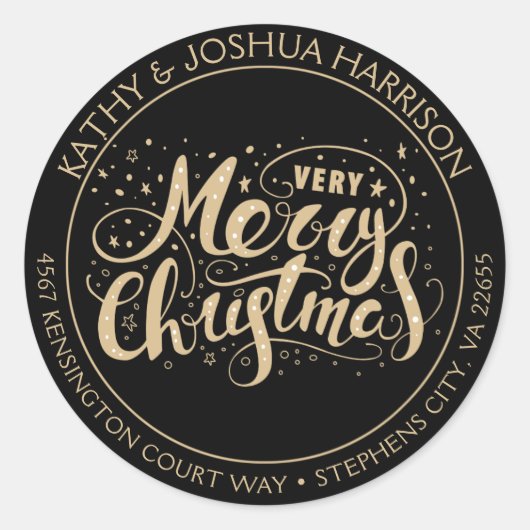 ブラック&金ゴールド非常に陽気なクリスマス差出人住所 ラウンドシール (正面)