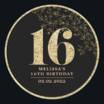 ブラック&金ゴールド16th Birthday Partyお気に入りステッカー ラウンドシール<br><div class="desc">黒とパーソナライズされた金ゴールド16th誕生日ラウンドパーティーの好意ラベルのパターシンプルン、シミュレートされたグリッターとスクリプトの手書きフォント。名カスタマイズ前、誕生年/誕生日、または自分の短いメッセージ。</div>