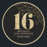 ブラック&金ゴールド16th Birthday Partyお気に入りステッカー ラウンドシール<br><div class="desc">黒とパーソナライズされた金ゴールド16th誕生日ラウンドパーティーの好意ラベルのパターシンプルン、シミュレートされたグリッターとスクリプトの手書きフォント。名カスタマイズ前、誕生年/誕生日、または自分の短いメッセージ。</div>
