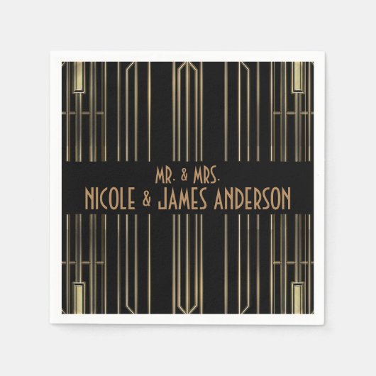 ブラック&金ゴールド20のアールデコギャツビーのカスタムウェディング スタンダードカクテルナプキン (正面)