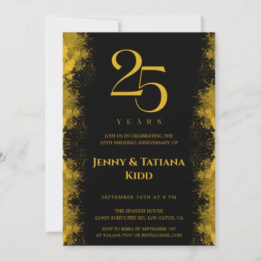 ブラック&金ゴールド25結婚周年 招待状 (正面)