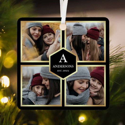 ブラック&金ゴールド4写真家族写真コラージュ メタルオーナメント