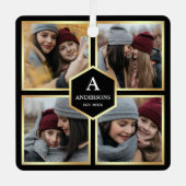 ブラック&金ゴールド4写真家族写真コラージュ メタルオーナメント (正面)