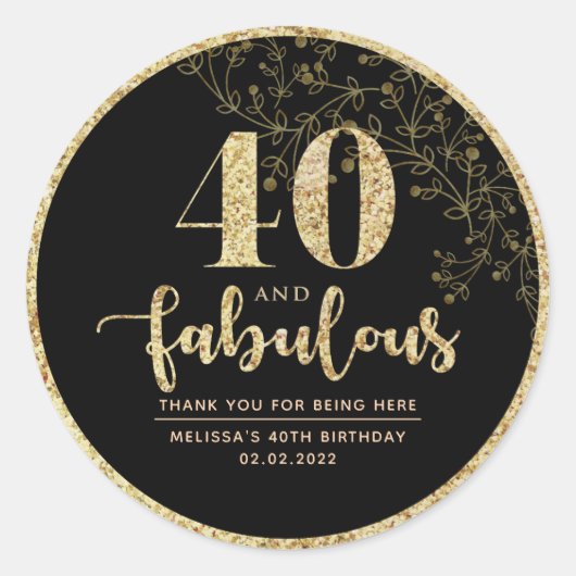 ブラック&金ゴールド40th Birthday Partyお気に入りシール ラウンドシール (正面)