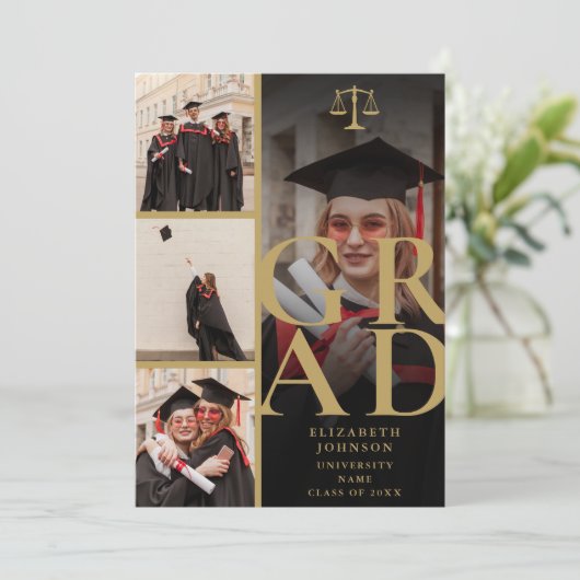 ブラック&金ゴールド5写真法学校卒業パーティー 招待状 (スタンド正面)