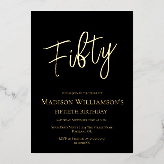 ブラック&金ゴールド50ミニマルthバースデーパーティー 箔招待状 (正面)