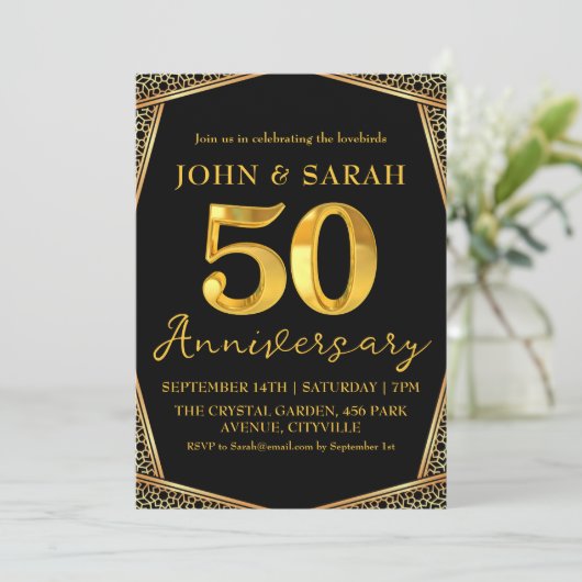 ブラック&金ゴールド50周年記念パーティの招待状 招待状 (スタンド正面)