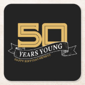 ブラック&金ゴールド50年ヤング・バナー50誕生日 スクエアペーパーコースター (正面)