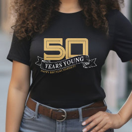 ブラック&金ゴールド50年ヤング・バナー50誕生日 Tシャツ