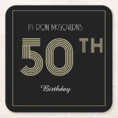 ブラック&金ゴールド50番目の誕生日レトロストライププリント スクエアペーパーコースター (正面)