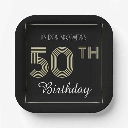 ブラック&金ゴールド50番目の誕生日レトロストライププリント ペーパープレート (正面)