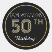 ブラック&金ゴールド50番目の誕生日レトロストライププリント ラウンドシール (正面)