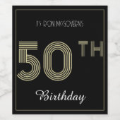 ブラック&金ゴールド50番目の誕生日レトロストライププリント ワインラベル (シングルラベル)