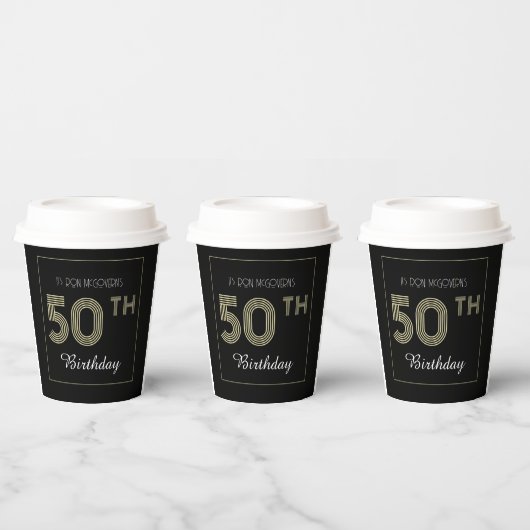 ブラック&金ゴールド50番目の誕生日レトロストライププリント 紙コップ (複数)