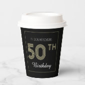 ブラック&金ゴールド50番目の誕生日レトロストライププリント 紙コップ (正面)