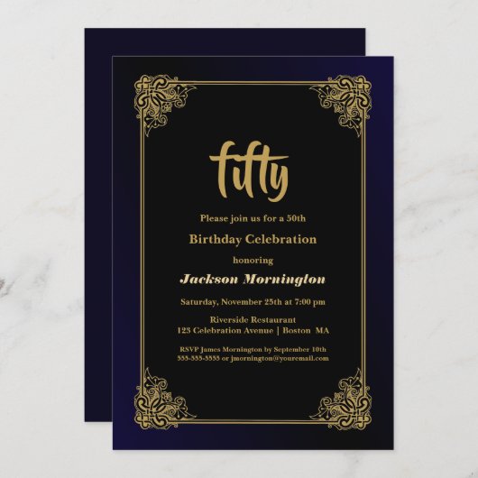 ブラック&金ゴールド50thバースデーパーティー 招待状 (正面/裏面)