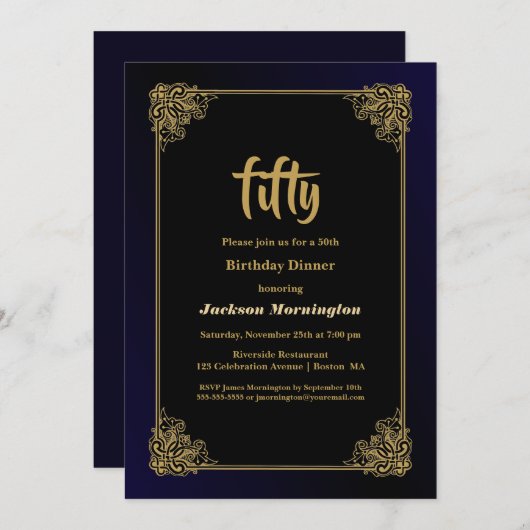ブラック&金ゴールド50th誕生日ディナー 招待状 (正面/裏面)