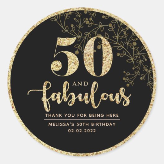 ブラック&金ゴールド50th Birthday Partyお気に入りステッカー ラウンドシール (正面)