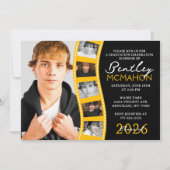 ブラック&金ゴールド6フォトフィルムストリップ卒業コラージュ 招待状 (正面)