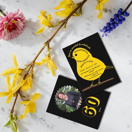 ブラック&金ゴールド60誕生日かわいい鳥ディナーパーティー 招待状