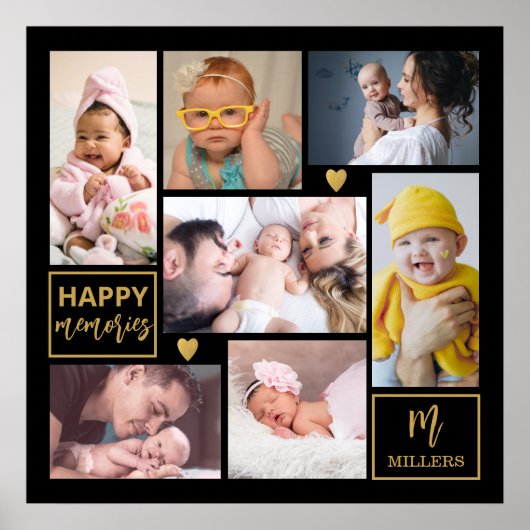 ブラック&金ゴールド7 Photo Collage Family Name Monogram ポスター (正面)