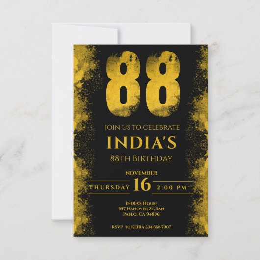 ブラック&金ゴールド88thバースデーパーティー 招待状 (正面)