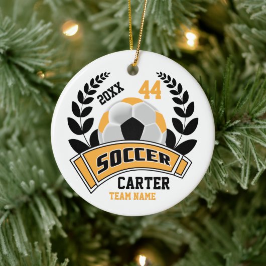 ブラック、金ゴールド、およびホワイトパーソナライズサッカー⚽ セラミックオーナメント (ツリー)