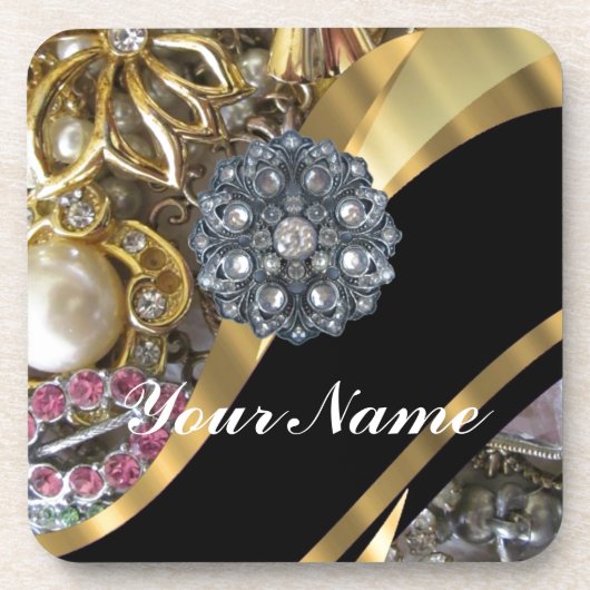 ブラック&金ゴールド きらきら光る コースター (正面)