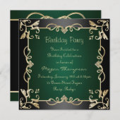 ブラック/金ゴールド&グリーンスワール誕生日招待状 招待状 (正面/裏面)