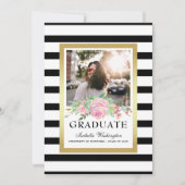 ブラック·金ゴールド·ストライプフローラ卒業パーティーの写真 招待状 (正面)