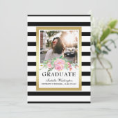 ブラック·金ゴールド·ストライプフローラ卒業パーティーの写真 招待状 (スタンド正面)