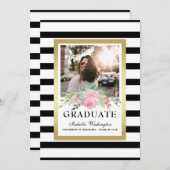 ブラック·金ゴールド·ストライプフローラ卒業パーティーの写真 招待状 (正面/裏面)