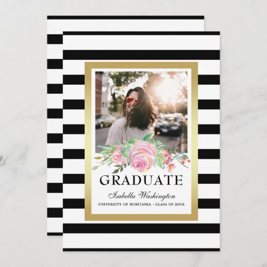 ブラック·金ゴールド·ストライプフローラ卒業パーティーの写真 招待状 (正面/裏面)