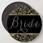 ブラック、金ゴールド&フェイクグリッターダムズブライド文字 缶バッジ (正面&裏面)