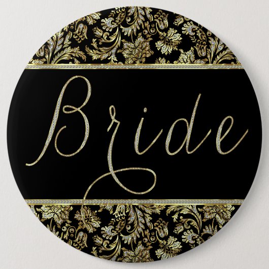 ブラック、金ゴールド&フェイクグリッターダムズブライド文字 缶バッジ (正面)