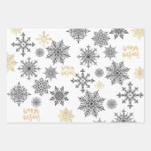 ブラック、金ゴールド、ホワイトプレイド、ストライプ雪片 ラッピングペーパーシート (正面3)