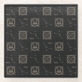 ブラック&金ゴールド〔占星術の〕十二宮図がん星星印 ガラスコースター
