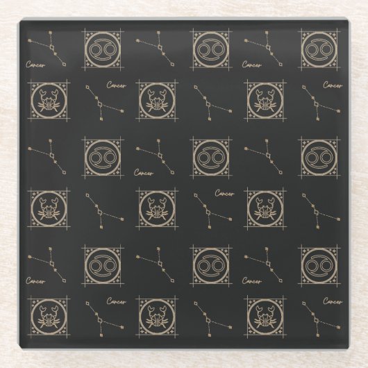 ブラック&金ゴールド〔占星術の〕十二宮図がん星星印 ガラスコースター (正面)