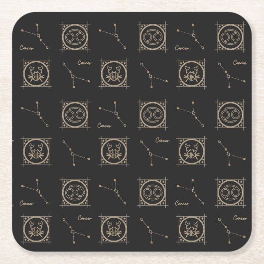 ブラック&金ゴールド〔占星術の〕十二宮図がん星星印 スクエアペーパーコースター (正面)