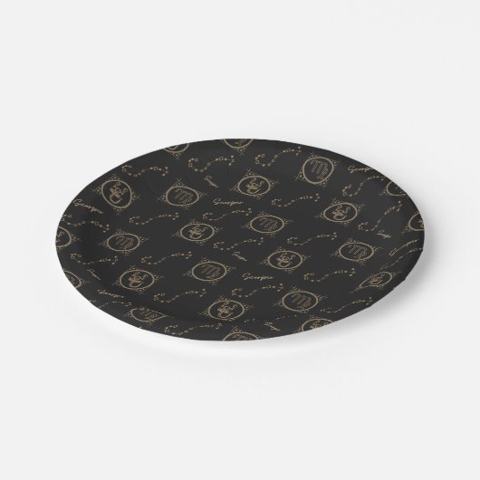 ブラック&金ゴールド〔占星術の〕十二宮図蠍座星占い星印 ペーパープレート (アングル)