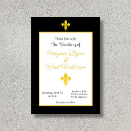 ブラック&金ゴールド（紋章の）フラ・ダ・リ結婚式招待状 招待状