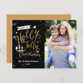 ブラック&金ゴールドHOLLY すてき CHRISTMASフォトカード シーズンポストカード (正面/裏面)