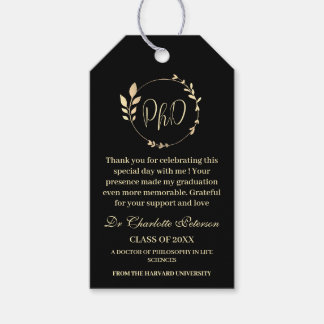 ブラック&金ゴールドPHD博士後期課程の卒業パーティーのお願い ギフトタグ