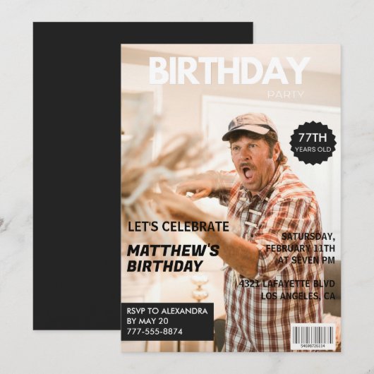 ブラック 雑誌の表紙 77歳の誕生日 招待状 (正面/裏面)