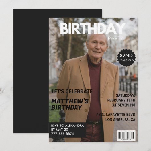 ブラック 雑誌の表紙 82歳の誕生日 招待状 (正面/裏面)
